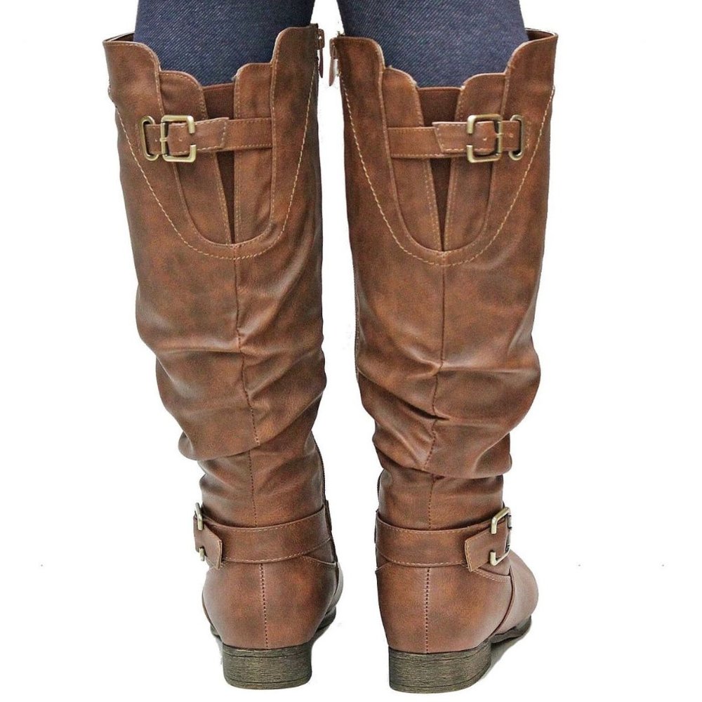 New Tan Scrunched Ruched Knee High Riding Boots - Picture 4 of 4